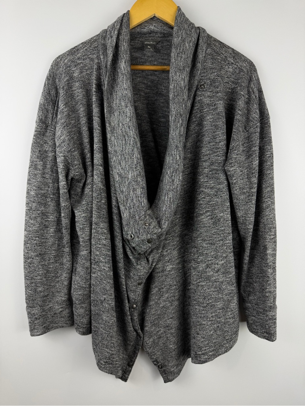 Eddie Bauer Marled Grey Shawl Collar Cardigan Snap Front Sweater Sz XL